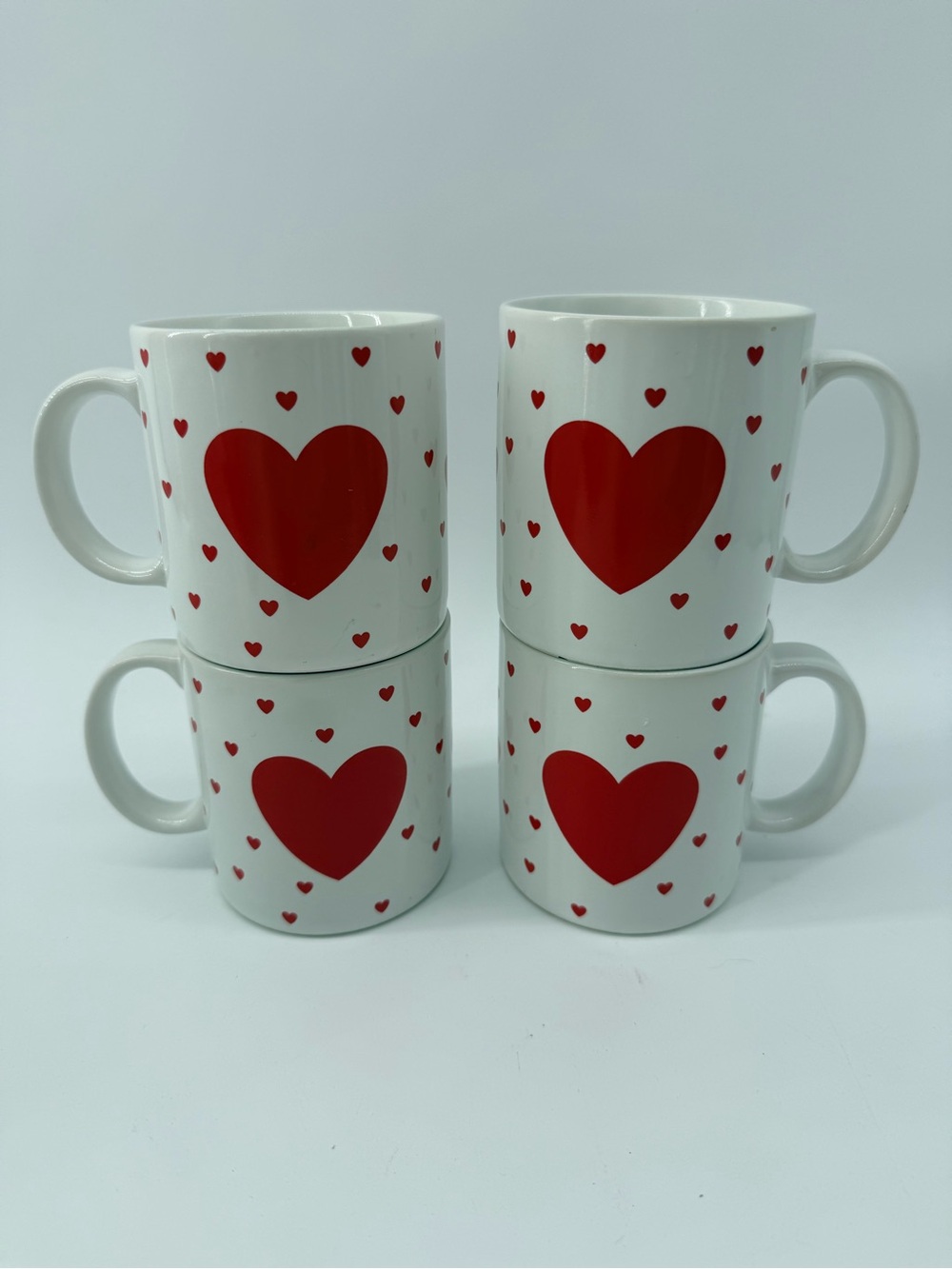 White Ceramic Mug with Red Heart Pattern - Set of 4